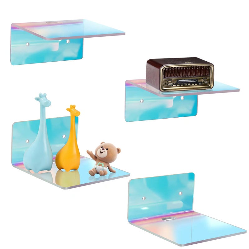 Bolidery 4 Pack Iridescent Small Wall Shelf, 4'' Acrylic Wall Shelves Display Ledges for Storage & Decoration, Small Floating Shelf for Wall with 2 Types of Installation (Adhesive or Screw) - Image 1